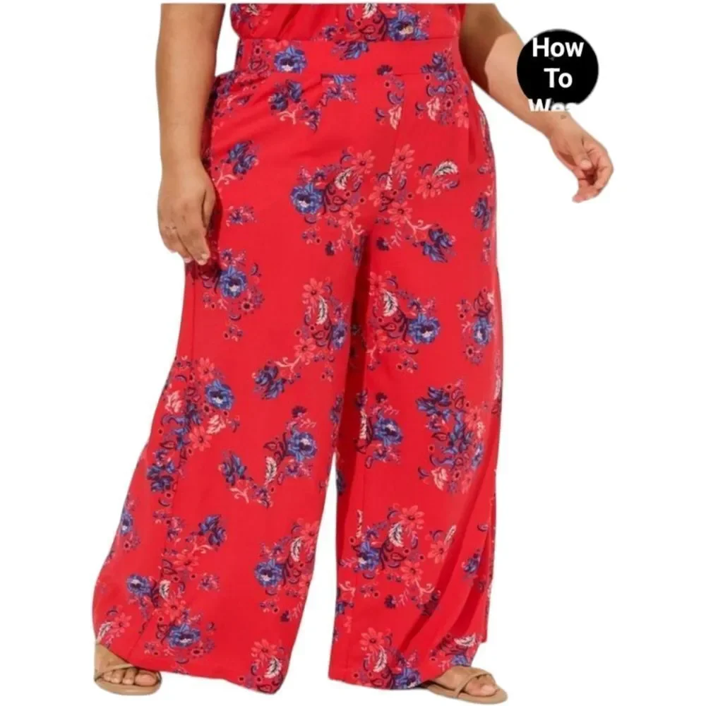 TORRID Red Floral challis button down crop top with  pull on pant set NWT